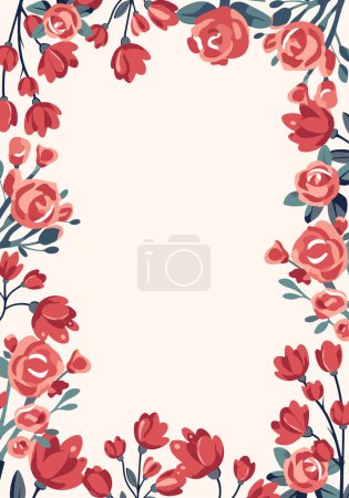 Téléchargez les illustrations : Cadre vectoriel avec roses. Affiche concept Saint Valentin en style plat. Bannière ou carte de vœux avec fleurs rouges - en licence libre de droit