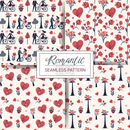 Illustration for Set of seamless love patterns with hearts, roses, couple, Valentine's day elements. Vector backgrounds. - Royalty Free Image