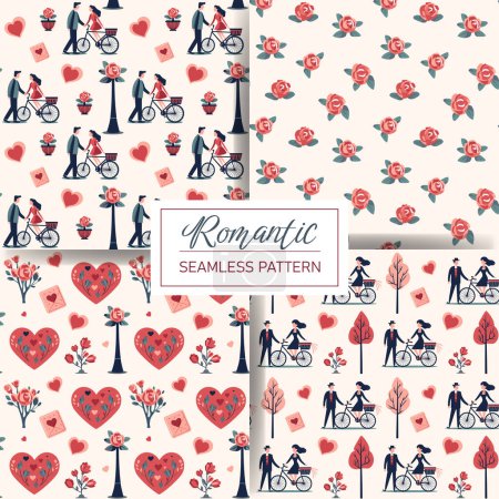 Illustration for Set of seamless love patterns with hearts, roses, couple, Valentine's day elements. Vector backgrounds. - Royalty Free Image