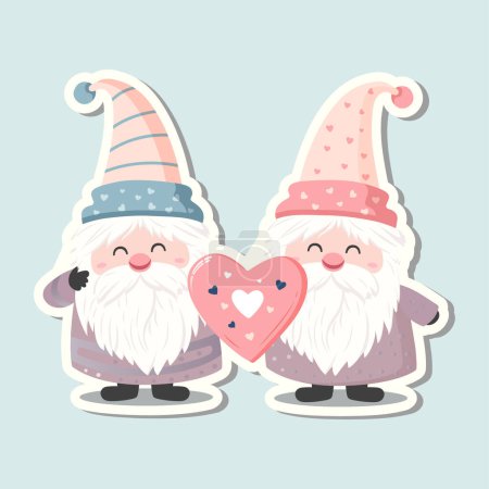 Illustration for Cute vector sticker gnomes with heart. Valentines day gnomes. Romantic vector icon in pastel colors - Royalty Free Image