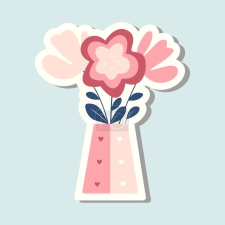 Téléchargez les illustrations : Pot vectoriel autocollant mignon avec des coeurs. Vase Saint-Valentin avec des fleurs. Icône vectorielle romantique aux couleurs pastel - en licence libre de droit