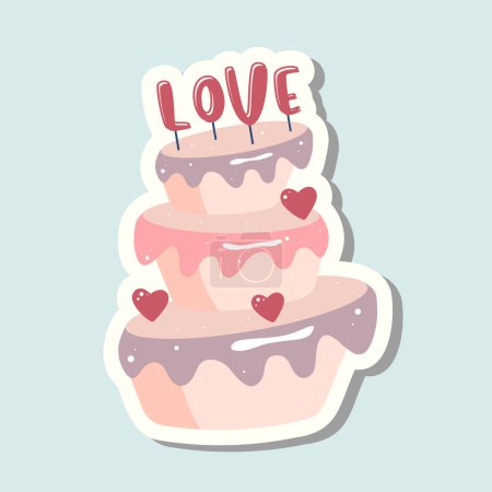 Illustration for Cute vector love sticker cake. Valentines day cake with text love. Romantic vector icon pack pastel colors - Royalty Free Image