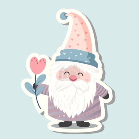 Téléchargez les illustrations : Mignon vecteur amour autocollant gnome avec des fleurs. Nain de Saint Valentin. Icône vectorielle romantique aux couleurs pastel - en licence libre de droit