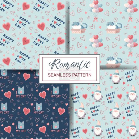 Illustration for Set of seamless love patterns with cute hearts, cat, gnome, quotes. Valentine's Day backgrounds. - Royalty Free Image