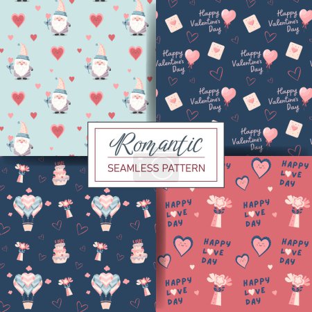 Illustration for Set of seamless love patterns with cute balloons, hearts, gnome, quotes. Valentine's Day backgrounds. - Royalty Free Image