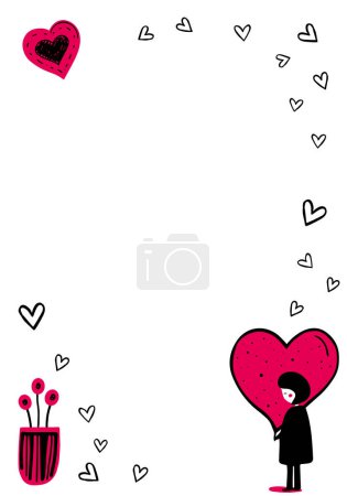 Illustration for Minimalistic love frame with girl and hearts. Greeting card. Valentine's day poster in doodle style. - Royalty Free Image