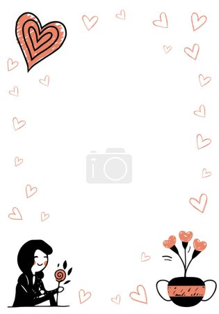 Téléchargez les illustrations : Affiche de la Saint-Valentin en style doodle. Cadre d'amour minimaliste avec coeur de fille et fleurs. Carte de voeux. - en licence libre de droit