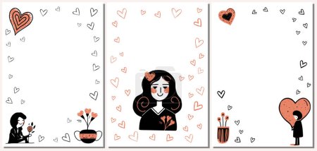 Illustration for Set of Valentine's day doodle frames. Minimalistic backgrounds with girl, hearts, flowers. Love concept cards - Royalty Free Image