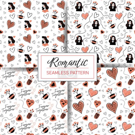 Illustration for Valentine's day patterns in trendy color. Set of seamless doodle backgrounds with heart, text, girl. Vector love wallpaper. - Royalty Free Image