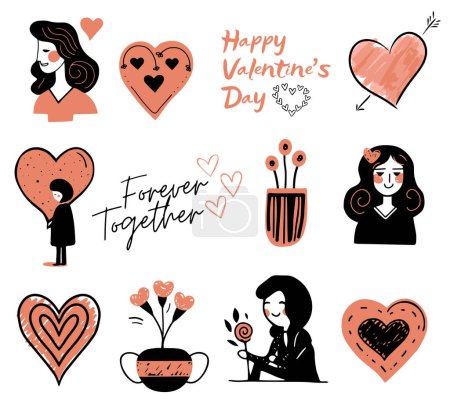 Ilustración de Día de San Valentín doodle conjunto en color de moda, diseño romántico para tarjetas, carteles, pancartas. Elementos vectores dibujados a mano. - Imagen libre de derechos