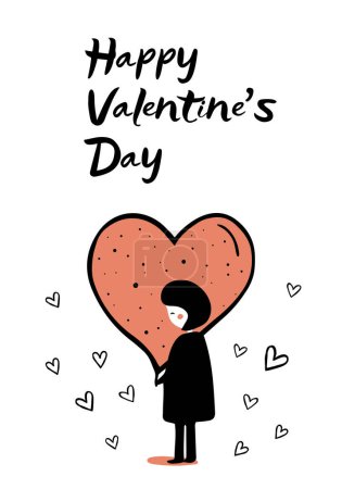 Illustration for Love background with girl and heart. Greeting card in trendy color. Valentine's day concept poster in flat doodle style. - Royalty Free Image
