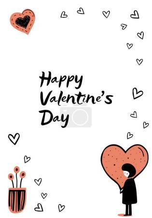 Ilustración de Marco de amor minimalista con chica y corazón. Tarjeta de felicitación en color de moda. Cartel del día de San Valentín en estilo doodle. - Imagen libre de derechos
