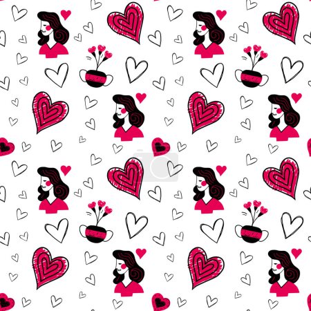 Illustration for Doodle background with romantic girl and hearts. Valentine day seamless vector pattern. Hand drawn love elements. - Royalty Free Image