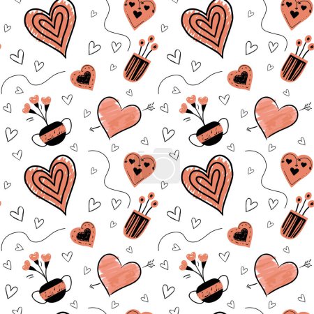 Illustration for Doodle background flowers and hearts in trendy color. Valentine day seamless vector pattern. Hand drawn elements. - Royalty Free Image