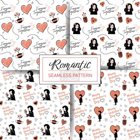 Illustration for Set of seamless doodle patterns with hearts, text, girls. Valentine's day elements in trendy color. Vector love backgrounds. - Royalty Free Image