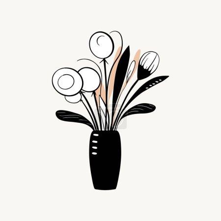 Téléchargez les illustrations : Bouquet vectoriel monochrome. Fleurs printanières dessinées à la main en noir. Fleurs contour. - en licence libre de droit