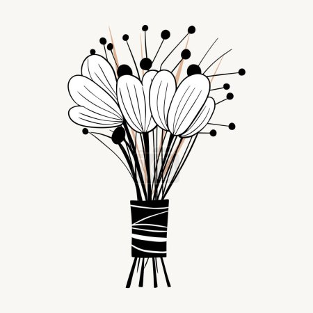 Téléchargez les illustrations : Bouquet vectoriel monochrome. Fleurs printanières dessinées à la main en noir. Fleurs contour. - en licence libre de droit
