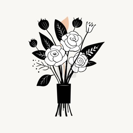 Illustration for Vector monochrome bouquet. Hand drawn spring flowers in black. Flowers outline. - Royalty Free Image