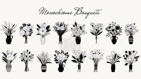 Illustration for Set of vector monochrome bouquets. Hand drawn spring flowers in vase. Flowers outline. - Royalty Free Image
