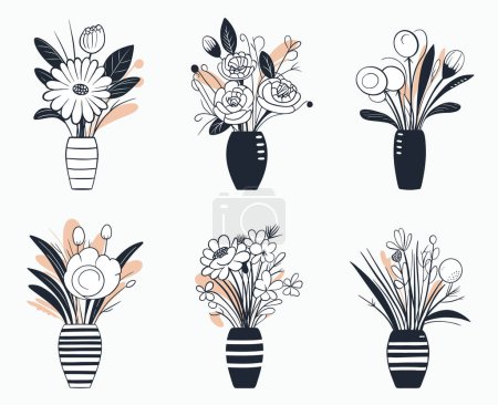 Illustration for Vector outline monochrome hand drawn set of spring bouquets. Vase with flowers. Isolated flowerpot - Royalty Free Image