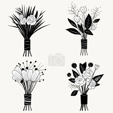 Ilustración de Ramos de flores monocromáticas dibujadas a mano. Conjunto de esquemas vectoriales de ramos de primavera en negro. - Imagen libre de derechos