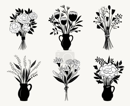 Ilustración de Flores monocromas dibujadas a mano. Esquema vectorial conjunto de ramos negros. Jarrón con flores. Ramos aislados - Imagen libre de derechos