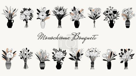 Ilustración de Conjunto de ramos vectoriales monocromáticos. Flores de primavera dibujadas a mano en jarrón. Esquema de flores. - Imagen libre de derechos