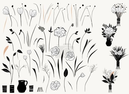 Illustration for Set of monochrome elements for floral design. Flowers, buds, stem and leaves. Floral constructor. Outline bouquets. - Royalty Free Image