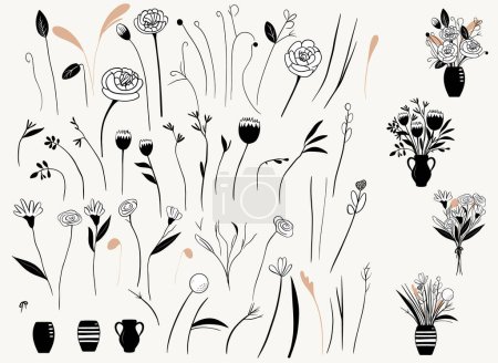 Illustration for Set of monochrome elements for floral design. Flowers, buds, stem and leaves. Floral constructor. Outline bouquets. - Royalty Free Image