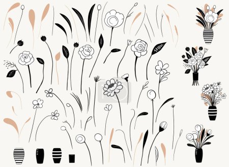 Téléchargez les illustrations : Ensemble d'éléments monochromes pour un design floral. Fleurs, bourgeons, tiges et feuilles. Constructeur floral. Aperçu des bouquets. - en licence libre de droit