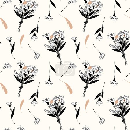 Illustration for Monochrome floral pattern. Seamless background with bouquets and branches. Hand drawn botanical wallpaper - Royalty Free Image