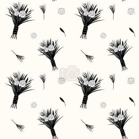 Illustration for Seamless background with bouquets and leaves. Monochrome floral pattern. Hand drawn botanical wallpaper - Royalty Free Image