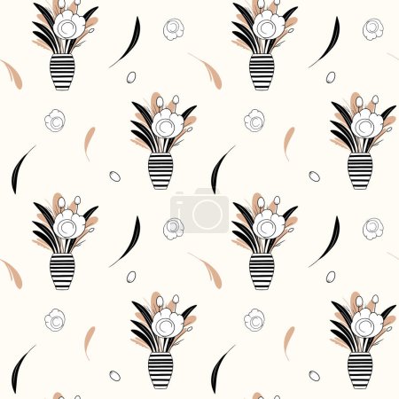 Illustration for Monochrome floral pattern. Seamless background with bouquets and leaves. Hand drawn botanical wallpaper - Royalty Free Image