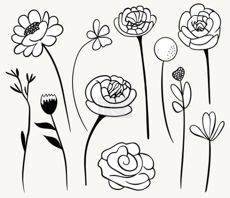 Téléchargez les illustrations : Fleurs monochromes doodle. Ensemble d'éléments floraux. Décrivez l'illustration botanique. Plantes isolées tirées à la main. - en licence libre de droit