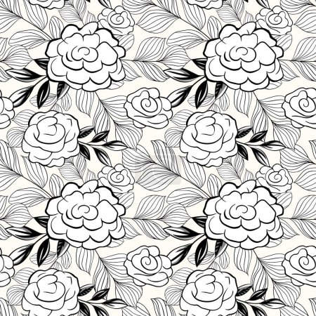 Illustration for Monochrome botanical pattern. Seamless background with roses. Hand drawn outline floral wallpaper - Royalty Free Image