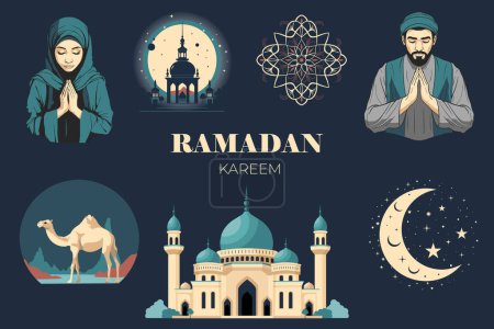 Ilustración de Conjunto de elementos ramadán. Vector islámico diseño ramadán. Elementos árabes para saludos. Oración, mezquita, camello - Imagen libre de derechos
