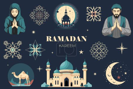 Téléchargez les illustrations : Conception vectorielle du ramadan islamique. Ensemble d'éléments du ramadan. Éléments arabes pour Salutations. Prière, mosquée, chameau - en licence libre de droit