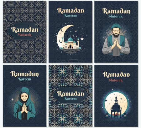 Téléchargez les illustrations : Ensemble de cartes de vœux islamiques, modèle ramadan. Ramadan Kareem. Affiche, bannière média. - en licence libre de droit