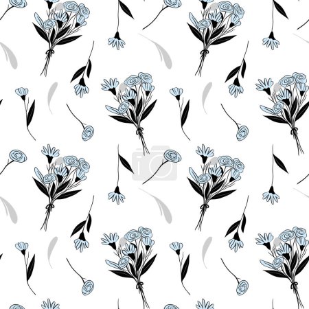 Illustration for Monochrome floral pattern. Seamless background with bouquets and branches. Hand drawn botanical wallpaper - Royalty Free Image