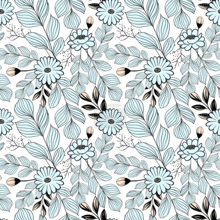 Illustration for Monochrome botanical pattern. Seamless background with daisies. Hand drawn outline floral wallpaper - Royalty Free Image