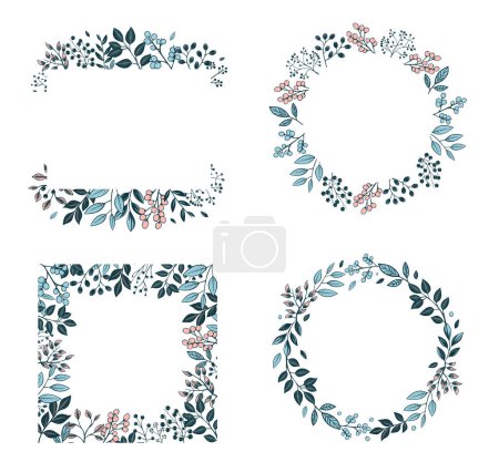 Ilustración de Conjunto de marcos botánicos con hojas y bayas para invitaciones, carteles y bodas. Corona de borde floral vectorial - Imagen libre de derechos