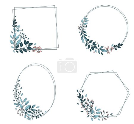 Illustration for Set of monochrome botanical frames with leaves and berries. Vector floral border wreath for invitations, posters and wedding. - Royalty Free Image
