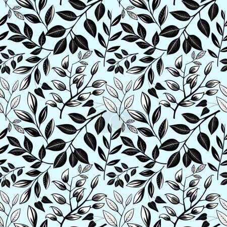 Ilustración de Herbario patrón floral monocromo. Fondo sin costuras con hojas y ramas. Papel pintado botánico dibujado a mano - Imagen libre de derechos