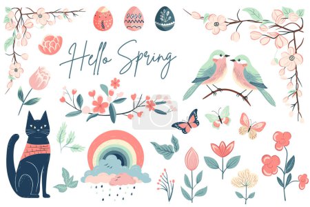 Illustration for Hand drawn spring elements flowers, bird, cat. Spring collection. Vector illustration. Trendy spring design - Royalty Free Image