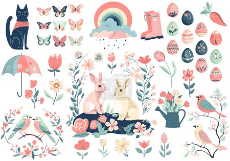Ilustración de Primavera de Pascua con lindos pájaros, huevos, mariposas, conejos. Elementos de resorte vectorial. - Imagen libre de derechos