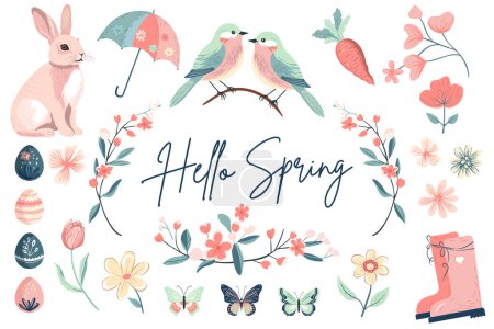 Illustration for Trendy spring design. Spring collection. Hand drawn spring elements flowers, bird, bunny. Vector illustration. - Royalty Free Image