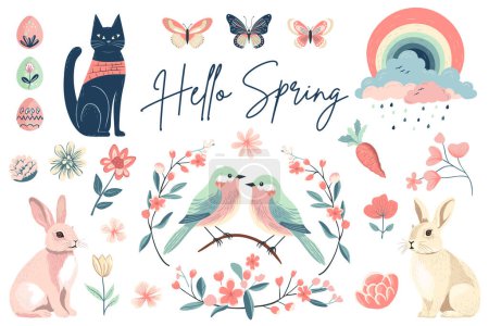Ilustración de Colección de primavera. Elementos de primavera dibujados a mano gato, flores, pájaro, conejo. Ilustración vectorial. Diseño de primavera de moda - Imagen libre de derechos