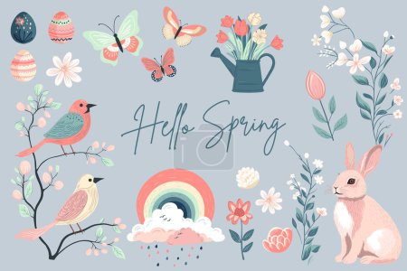 Illustration for Spring collection. Hand drawn spring elements flowers, bird, bunny. Vector illustration. Trendy spring design - Royalty Free Image
