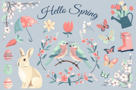 Ilustración de Colección de primavera. Elementos de primavera dibujados a mano flores, pájaros, conejos. Ilustración vectorial. Diseño de primavera de moda - Imagen libre de derechos