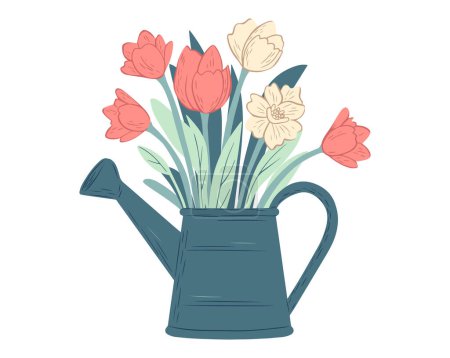Téléchargez les illustrations : Jolie arrosoir avec des fleurs. Matériel de jardinage. Botanique, élément de conception de ressort, autocollant - en licence libre de droit
